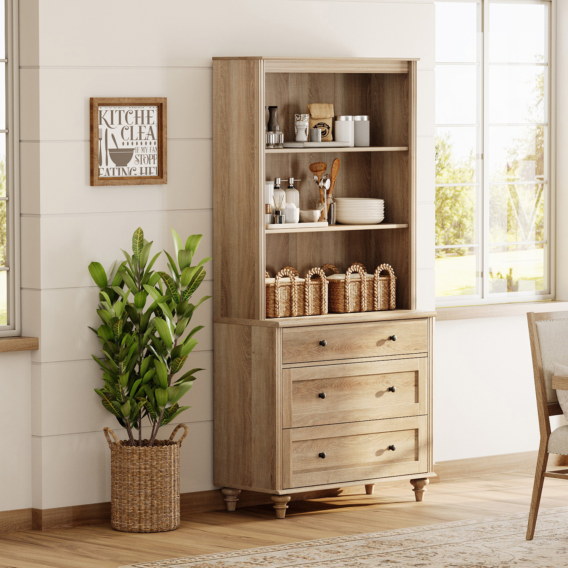 Ophelia Co. Sideboard Cabinet With Bar Hutch Buffet Cabinet With 3 Drawers And 3 Tier Shelves Oak 34 Wayfair